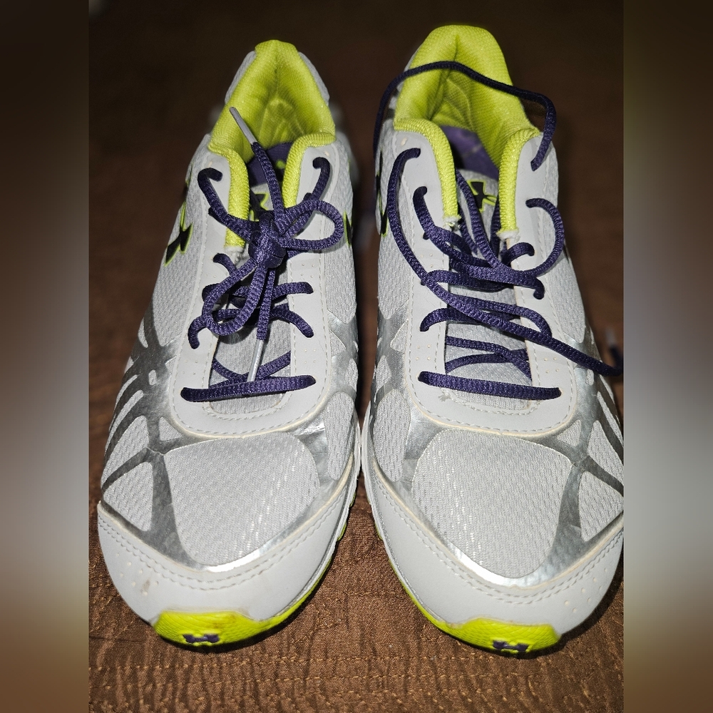 Under Armour Gray and White Shoes with Lime and Purple Accents